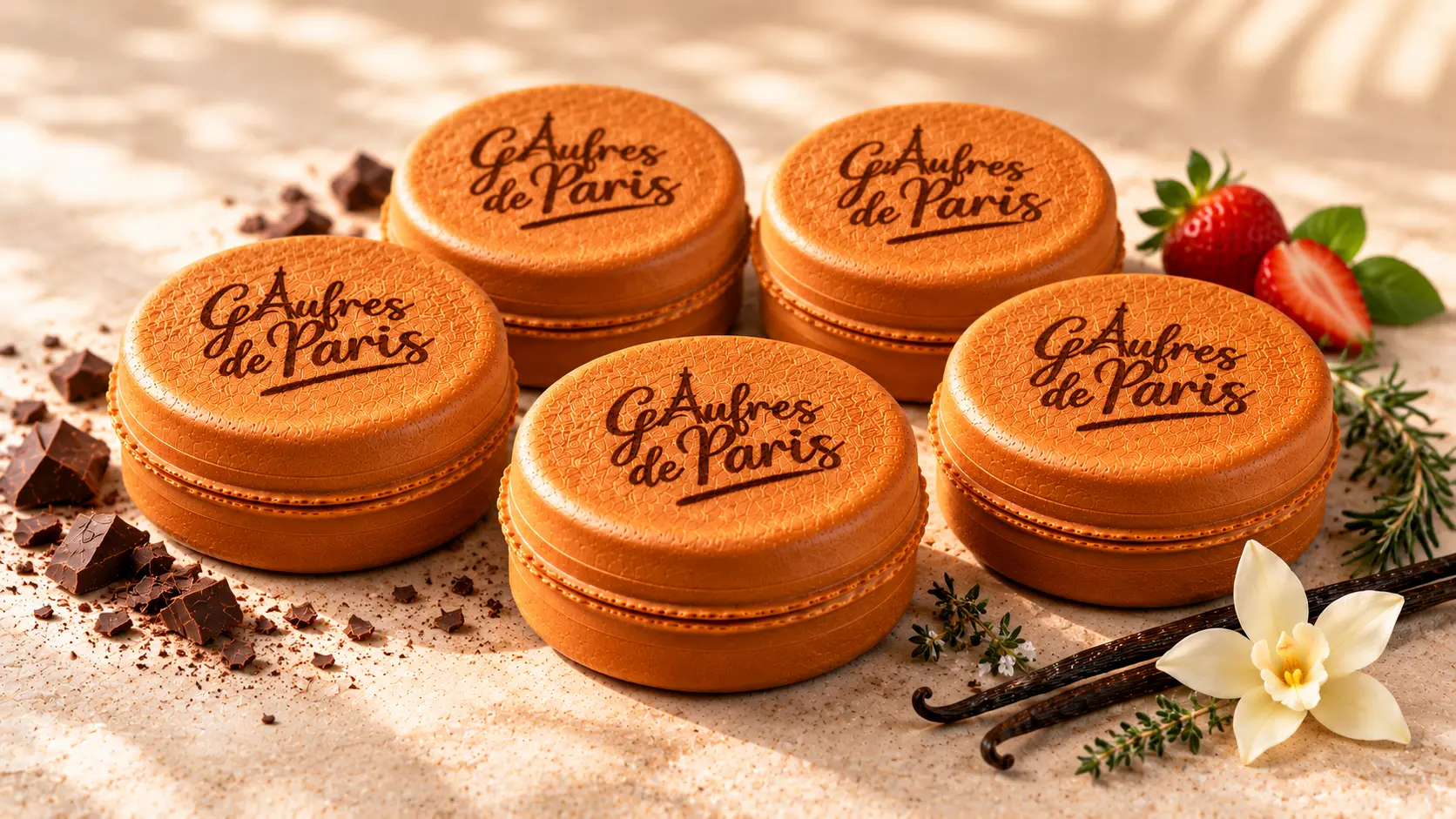Five closed waffles featuring the Gaufres de Paris logo