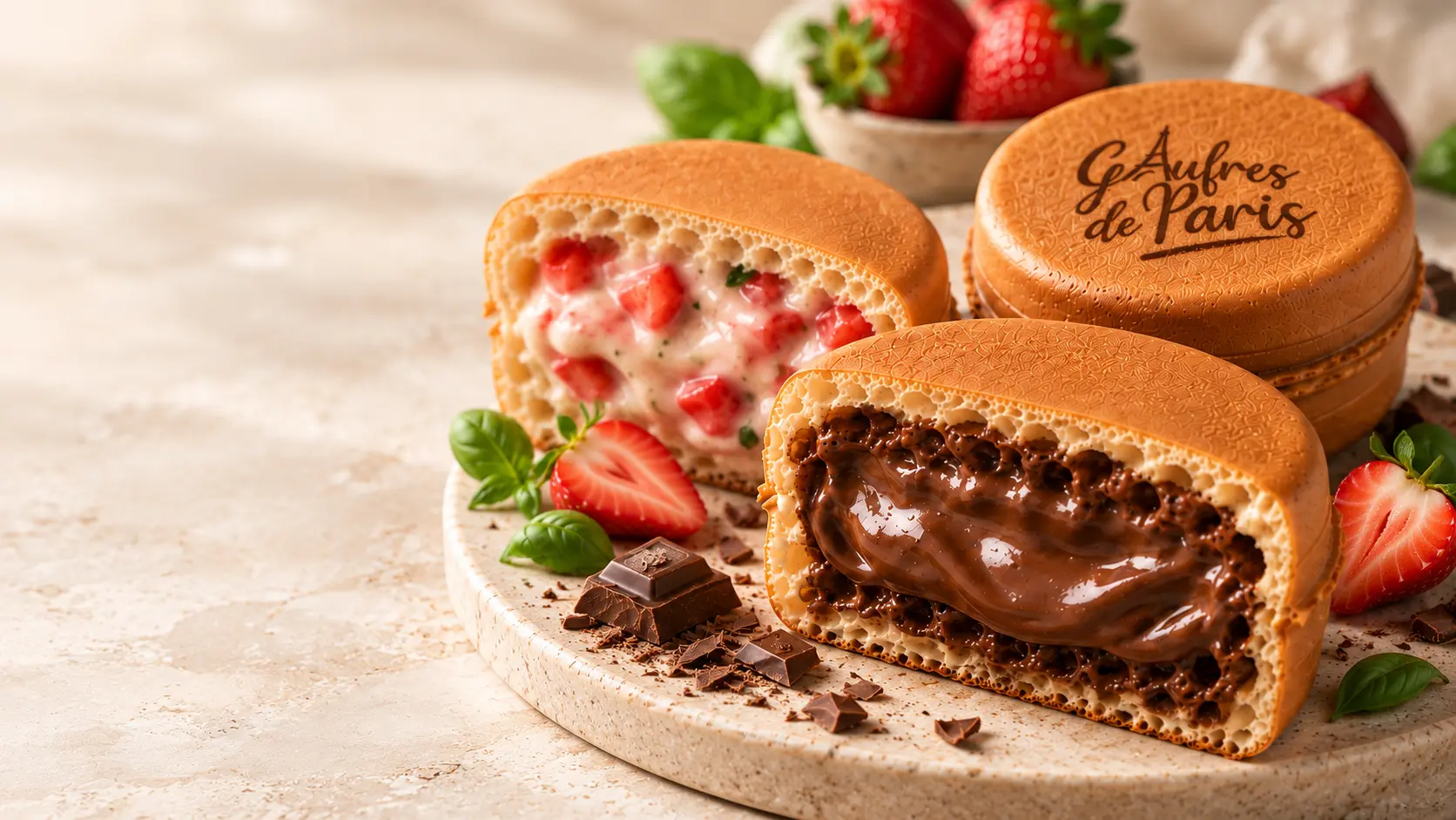 Golden Gaufres de Paris with chocolate and strawberry fillings