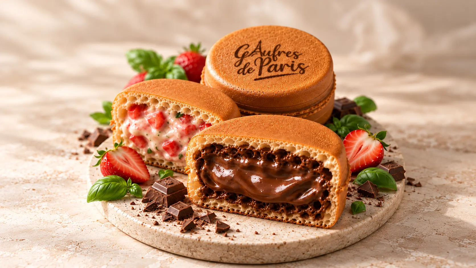 Gaufres de Paris with signature stamps and sweet fillings