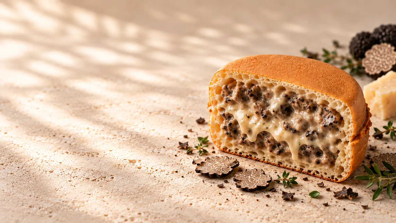 Truffle-filled Gaufre de Paris on a light stone surface