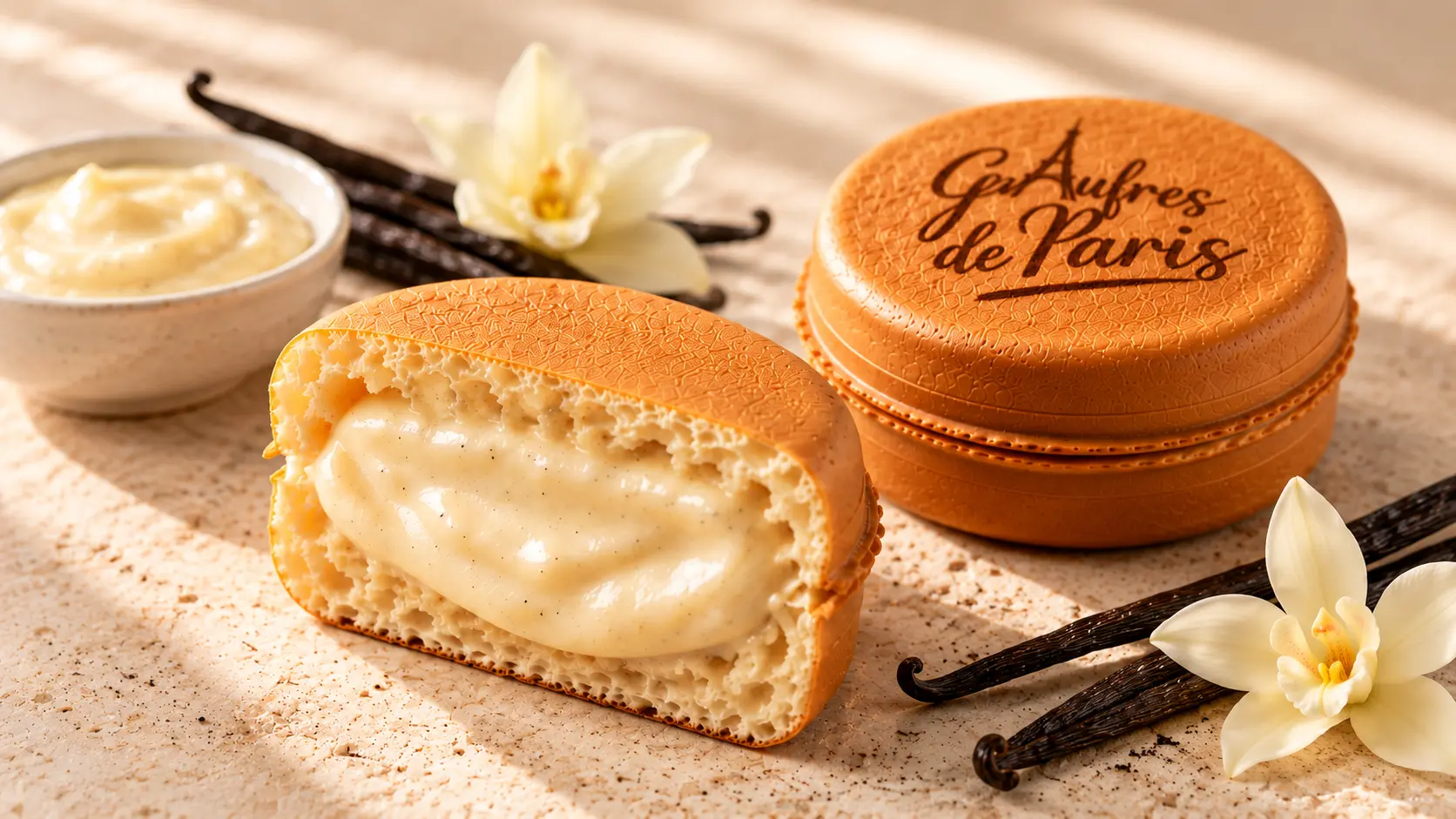 Vanilla Velvet waffle, open and closed, with vanilla flowers
